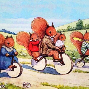 Adorable ilustración en color de agua de los años 30 de una familia de ardillas rojas en una excursión en bicicleta, tarjeta de felicitación de 5 x 7