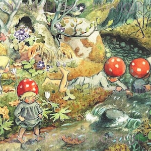 Maravillosa ilustración de libros suecos en color de agua antigua, Children Of The Forest 5 X 7 Tarjeta de felicitación