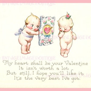 Entzückende romantische Vintage 1920 Illustration von zwei Cherubic 1920 Kewpie Puppen Valentinstag 5x7 Grußkarte