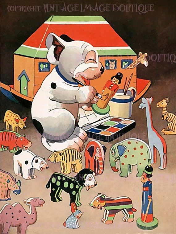 Vintage 1920's Illustration Of Bonzo The Dog Playing With A Paint Set And Noah's Ark Toys 5x7 Greeting Card