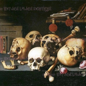 Antigua pintura holandesa de Vanitas de principios del siglo XVI que incluye especímenes de cráneo humano Tarjeta de felicitación científica médica 5x7