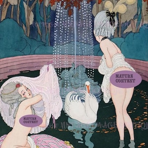 Maravilhosa ilustração colorida Art Déco dos anos 1920 de duas lindas mulheres tomando banho com um cisne, cartão comemorativo 5x7