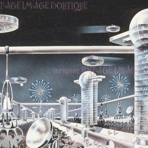Fabulosa ilustración futurista de ciencia ficción de los años 50 de una ciudad moderna utópica 5x7 Tarjetas de felicitación