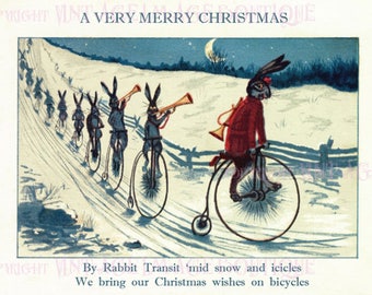 Antique Edwardian Illustration A Troupe Of Rabbits Cycling Through The Snow Christmas  Season Winter Solstice Holiday 5x7 Greeting Card