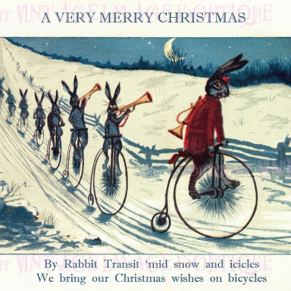 Antique Edwardian Illustration A Troupe Of Rabbits Cycling Through The Snow Christmas  Season Winter Solstice Holiday 5x7 Greeting Card