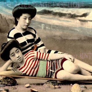 Schöne antike Hand getönt 1920 Lesben Paar In Schwimmkostümen Hochzeit standesamtliche Hochzeit 5x7 Grußkarte