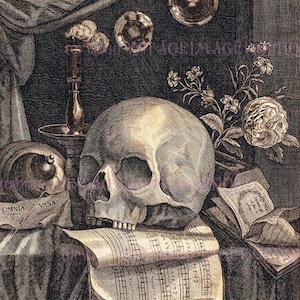 Beautiful Antique 17th Century Dutch Vanitas Memento Mori Monochrome Woodblock Print Mourning 5x7 Greeting Card