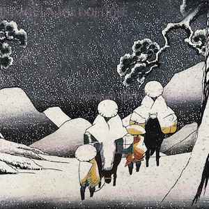 Antigua escena japonesa victoriana de una familia caminando por la nieve Temporada navideña Solsticio de invierno Vacaciones 5x7 Tarjeta de felicitación
