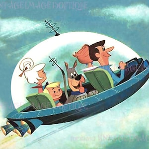Favolosa illustrazione vintage degli anni '60 dei Jetsons nella loro auto volante, biglietto d'auguri 5x7