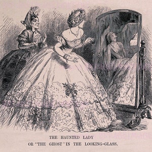Carte de vœux Illustration victorienne antique d'une femme et de sa couturière, dont le cadavre se reflète dans le miroir 5 x 7