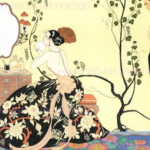 Maravillosa ilustración a color Art Déco de los años 20 de una coqueta a la moda en su tocador. Tarjeta de felicitación de 5x7.