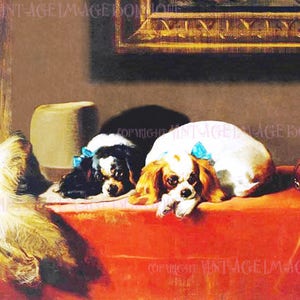 Antiguo retrato victoriano de dos adorables perros Cavalier King Charles Spaniel 5x7 tarjeta de felicitación