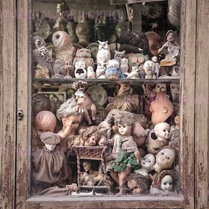 Fotografia a colori d'epoca di una vetrina di un ospedale per bambole, biglietto d'auguri fantasmagorico 5x7