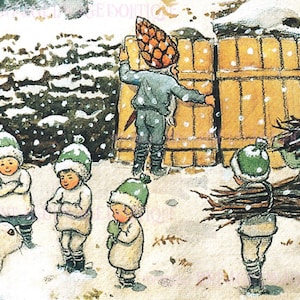 Prachtige antieke Zweedse aquarel illustratie van boskinderen in de sneeuw Kerstseizoen Winterzonnewende vakantie 5 x 7 wenskaart
