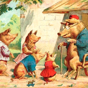 Antike 1930 Illustration der niedlichen kleinen Schweinchen 5 x 7 Grußkarte