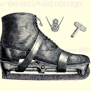 Illustration technique victorienne antique de la conception de patins à glace Saison de Noël Vacances du solstice d'hiver Carte de vœux 5 x 7
