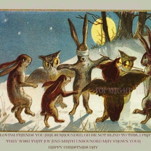 Antyczna wiktoriańska ilustracja królików i sów Boże Narodzenie Zimowe przesilenie Święta 5x7 Kartka okolicznościowa