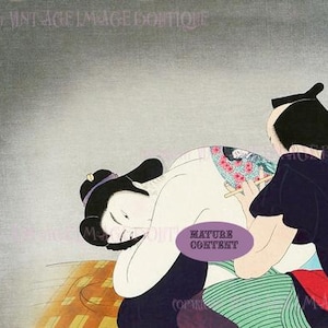 Antieke Japanse kleurenhoutsnede uit de jaren 1930 van een vrouw die wordt getatoeëerd door een traditionele Irezumi-tatoeëerder 5 x 7 wenskaart