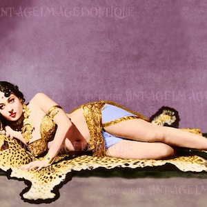 Magnifique portrait photo vintage des années 1950 teinté à la main d'une charmante coquette de danseuse du ventre égyptienne dans un costume exotique, carte de voeux 5 x 7