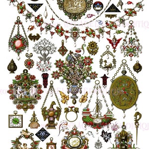 Lindo catálogo francês antigo com ilustração colorida de várias peças de joias do século XVIII, cartão comemorativo 5x7