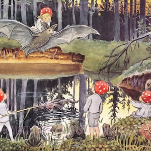 Maravillosa ilustración de libros suecos en color de agua antigua, Children Of The Forest 5 X 7 Tarjeta de felicitación