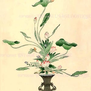 Antieke 16e-eeuwse Japanse Ikebana-bloemkunst bloem Ikenobo-arrangement illustratie zes wenskaarten van 5 x 7