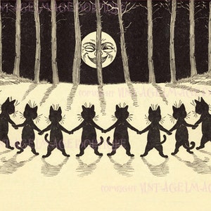 Humorvolle Edwardian Illustration von Twleve schwarzen Katzen Sammeln In Den Wäldern Bei Nacht Bewundern Die Vollmond 5 x 7 Grußkarte