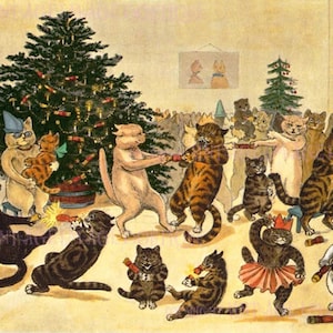 Antike Edwardian humorvolle Illustration Katzen, die eine Party Weihnachtssaison Wintersonnenwende Urlaub 5 x 7 Grußkarte