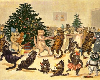 Antique Edwardian Humorous Illustration Of Cats Having A Party Christmas Season Winter Solstice Holiday 5x7 Greeting Card