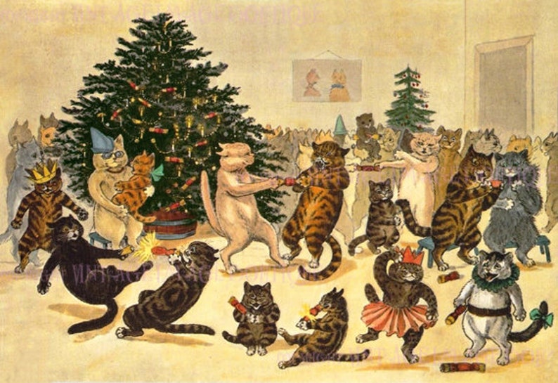 Antique Edwardian Humorous Illustration Of Cats Having A Party Christmas Season Winter Solstice Holiday 5x7 Greeting Card 