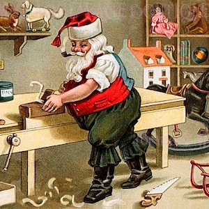 Ilustração antiga do Papai Noel e do Pai Natal em sua bancada de trabalho, temporada de férias, solstício de inverno, cartão comemorativo 5x7