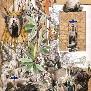 Carte de voeux antique victorienne surréaliste technique mixte collage d'objets divers et gouttelettes de sang pourpre V.3 5 x 7