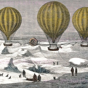 Exploration victorienne du pôle Nord en montgolfière Illustration Steampunk saison de Noël solstice d'hiver vacances 5 x 7 carte de voeux