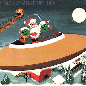 Fantastische jaren 50 illustratie van de kerstman, kerstman in een vliegende ufo-schotel seizoensgebonden winterzonnewende vakantie 5 x 7 wenskaart