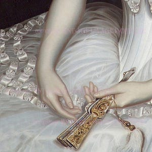 Georgische Ära Gemälde Detail einer Frau in einem weißen Satin-Kleid mit einer goldenen Troddel Falten Fächer 5x7 Grußkarte