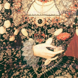 Elizabethanische Ära Gemälde Detail der aufwendigen schwarzen Samt Perlen besetzte Kleid Ensemble 5x7 Grußkarte einer Frau