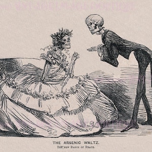 Ancienne illustration victorienne d'un homme et d'une femme squelette sur le point de danser la valse à l'arsenic Carte de voeux médicale scientifique 5 x 7