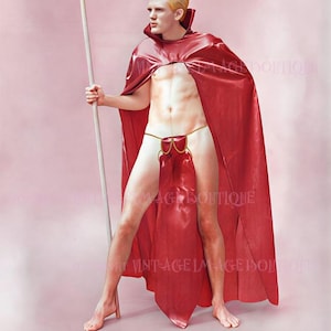 Kitschy 1950's Blonde Beefcake Gay Pin Up Model In A Devilish Red Satin Cape Holding A Pitchfork Valentine's Day 5x7 Greeting Card