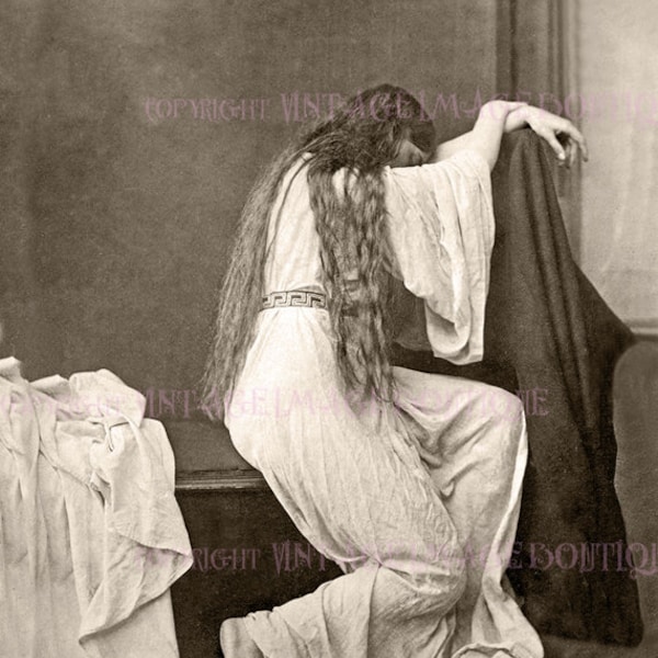 Sombre Mid Victorian Allegorical Tableau Vivant Photo Portrait Of A Woman Mourning 5x7 Greeting Card