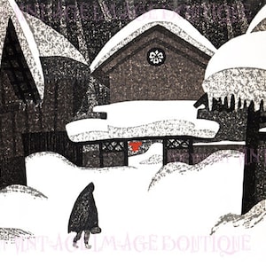 Preciosa escena de invierno japonesa vintage de una granja cubierta de nieve Navidad solsticio de temporada vacaciones 5x7 tarjeta de felicitación