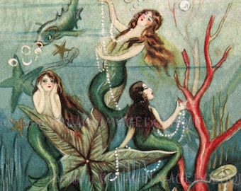 Antique 1920's Illustration Of Three Mermaids Amongst Red Coral And Underwater Creatures Under The Sea 5x7 Greeting Card