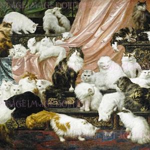 Cartão de felicitações com retrato vitoriano antigo de um grande grupo de gatos e gatinhos 5x7