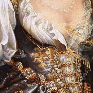 Ende des 17.Jahrhunderts Gemälde-Detail einer Frau in einem verzierten metallischen Brokat-Kleid mit einer Bejeweled Mieder 5x7 Grußkarte