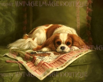 Antique Victorian Portrait Of An Adorable Cavalier  King Charles Spaniel Dog  5x7 Greeting Card