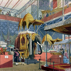 Preciosa ilustración victoriana antigua del pabellón indio en Crystal Palace 1851 Gran exposición 5x7 Tarjeta de felicitación