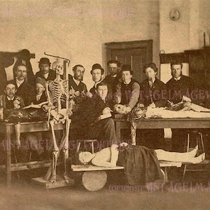 Carte de voeux ancienne victorienne sépia d'étudiants en médecine en classe de dissection médicale scientifique 5 x 7