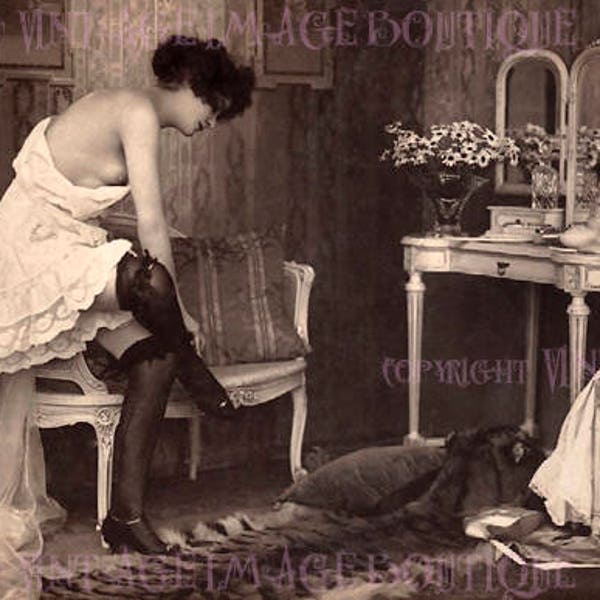 Wonderful Antique Photo Portrait Of A Lovely Coquette Posing In A Boudoir Scene  5x7 Greeting Card