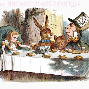 Deliziosa illustrazione a colori vittoriana di Alice al ricevimento del Cappellaio Matto, biglietto d'auguri 5x7