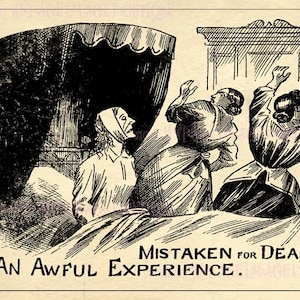 Antico racconto vittoriano di un uomo scambiato per un uomo morto, illustrazione di una storia terribile, biglietto d'auguri medico-scientifico, 5x7