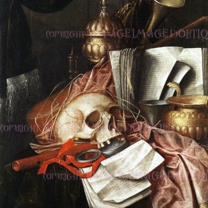 Beautiful Antique 17th Century Dutch Vanitas Memento Mori Of A Skull Posed Amongst Various Items Mourning 5x7 Greeting Card